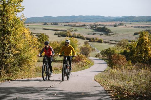 Radfahrer in der herbstlichen Landschaft des Naturparks Rosalia-Kogelberg.